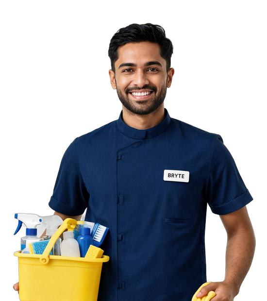 BRYTE housekeeping professional with cleaning supplies
