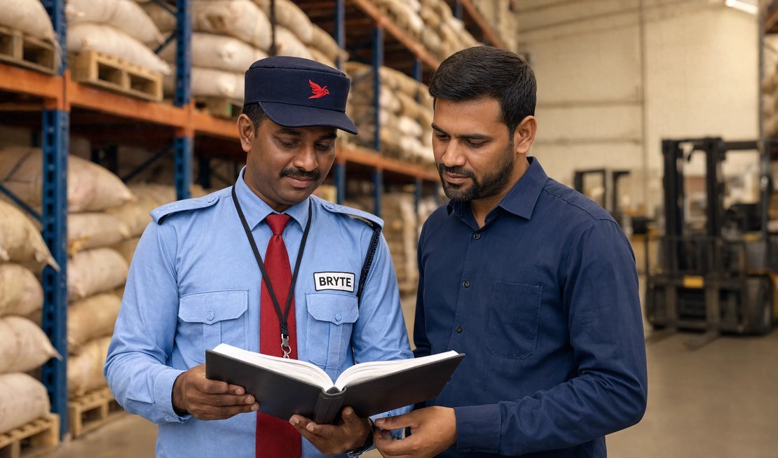 Bryte security professional on duty at an agro-processing facility in India