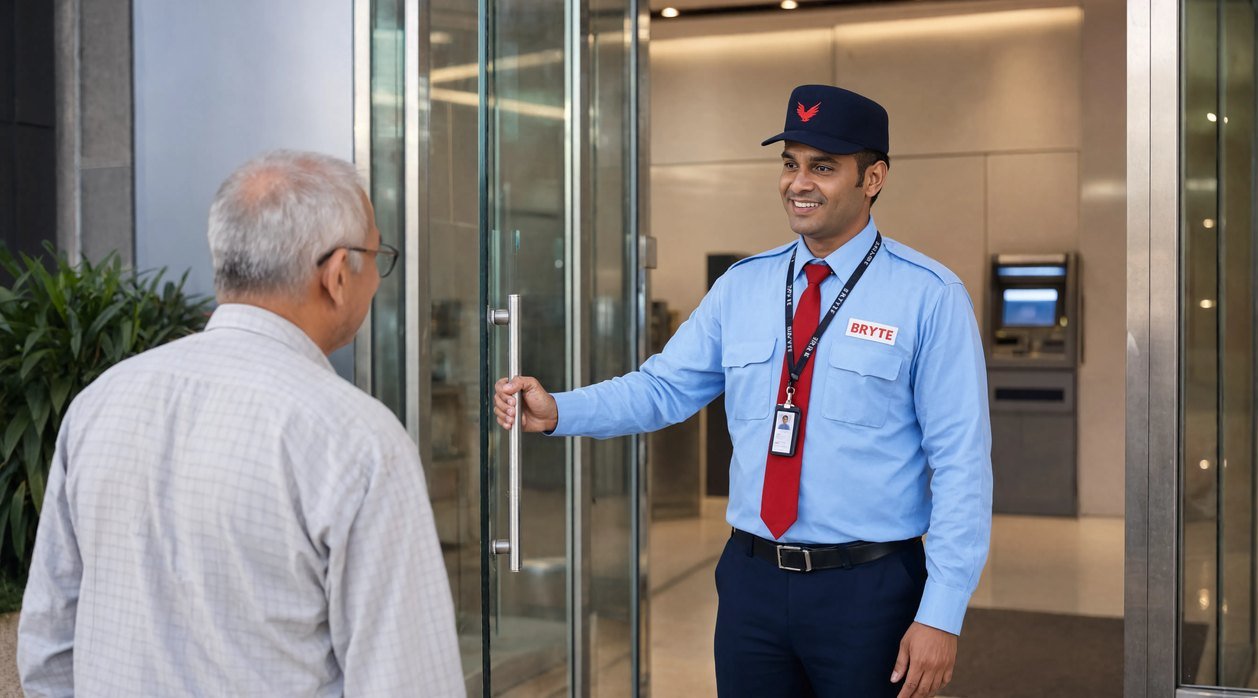 Bryte security professional on duty at a bank branch in India