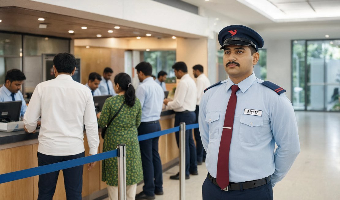Bryte security professional on duty at a bank branch in India