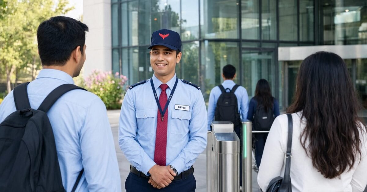 Bryte security professional on duty at a corporate business park in India