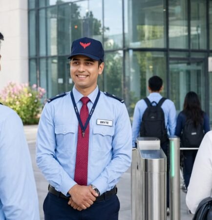 Bryte security professional on duty at a corporate business park in India