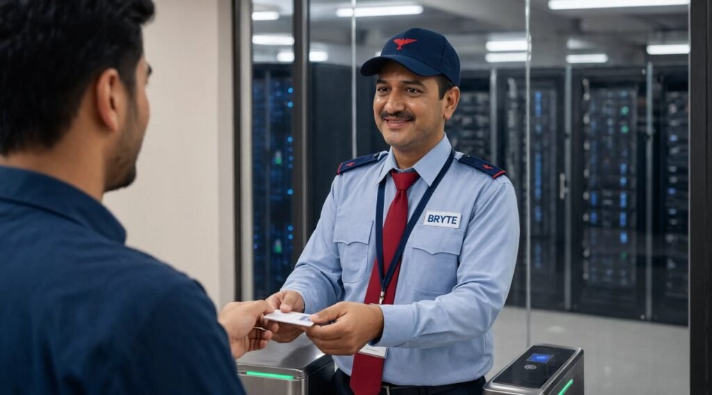 Bryte security professional on duty at a data center in India