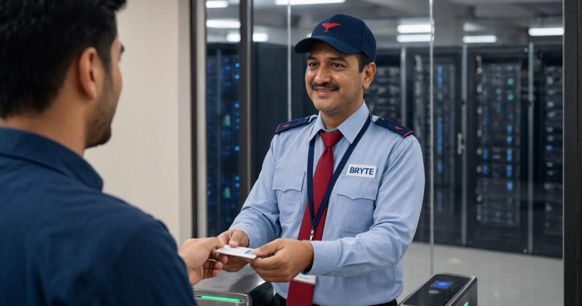 Bryte security professional on duty at a data center in India
