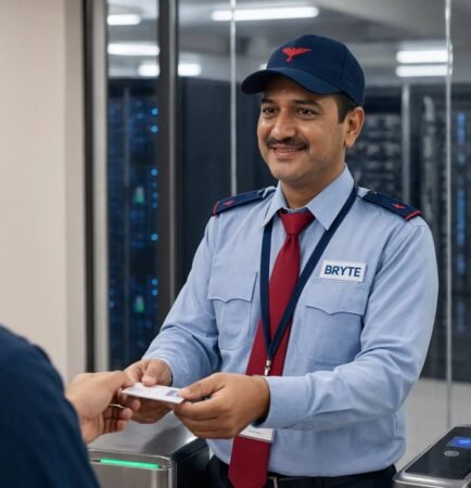 Bryte security professional on duty at a data center in India