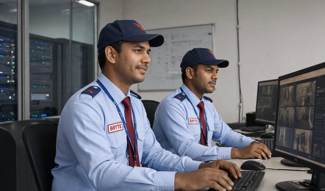 Bryte security professional on duty at a data center in India