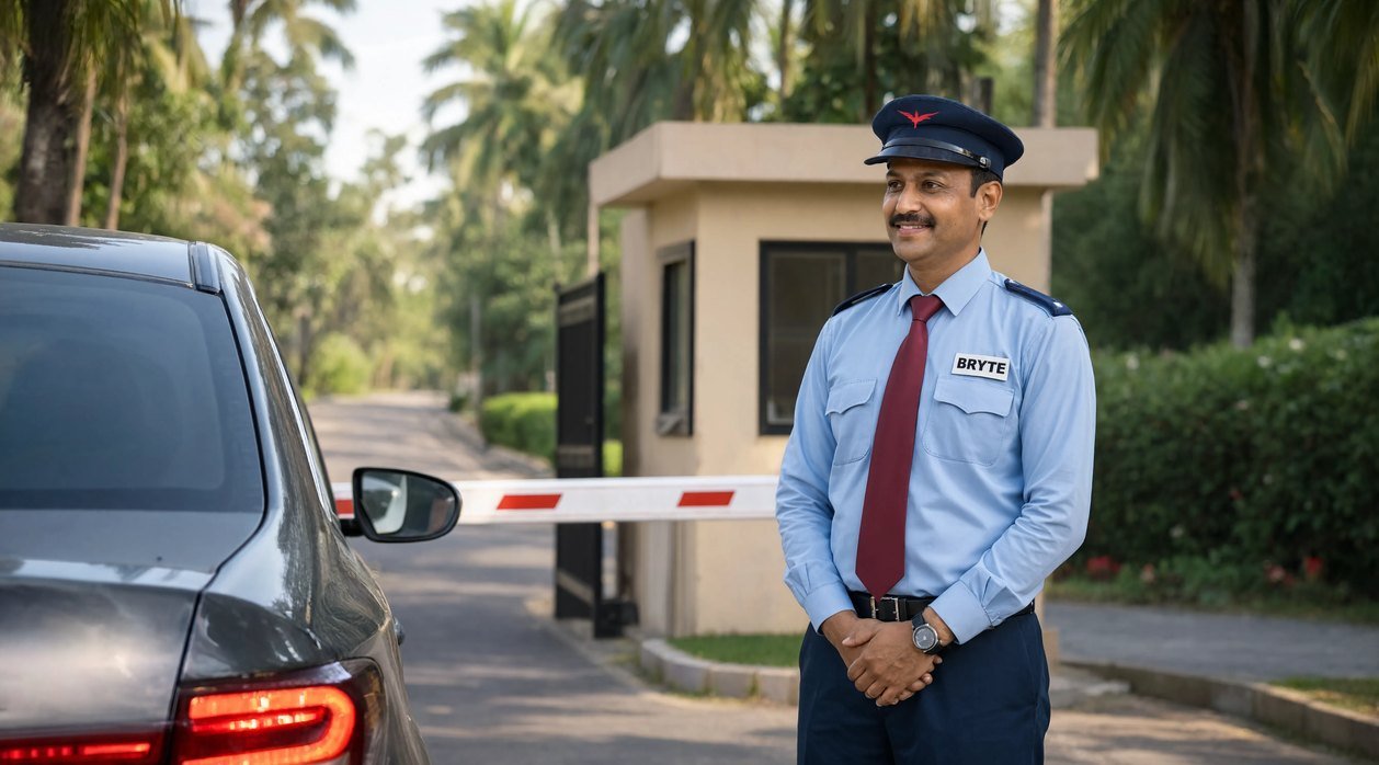 Bryte security professional on duty at a gated community in India
