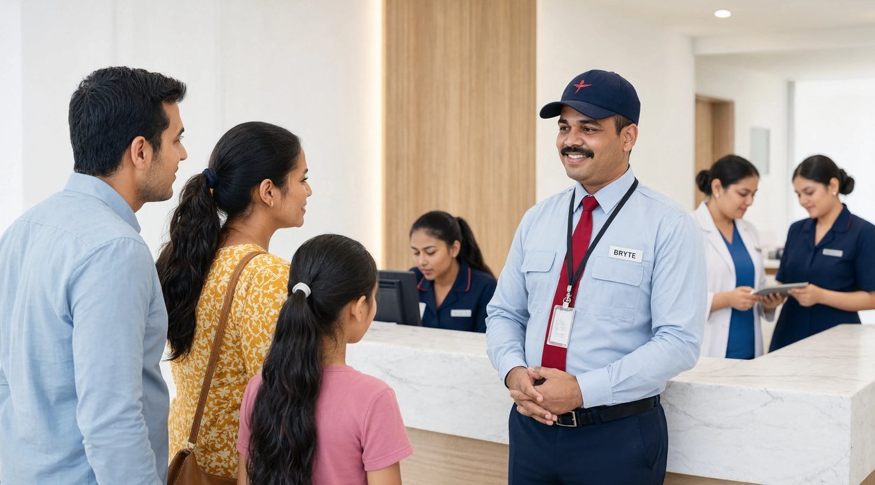 Bryte security guard welcoming a family at an Indian hospital reception
