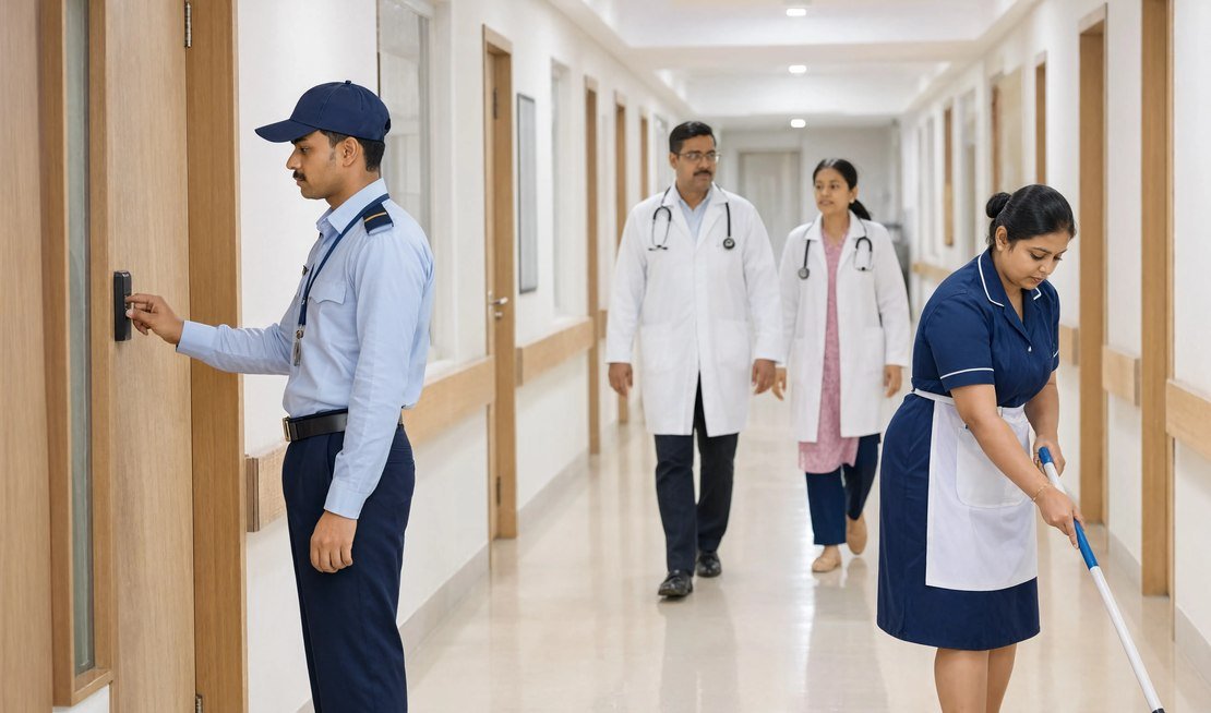 Bryte security and housekeeping staff in a modern Indian hospital corridor