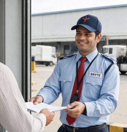 Bryte security professional on duty at a logistics park in India