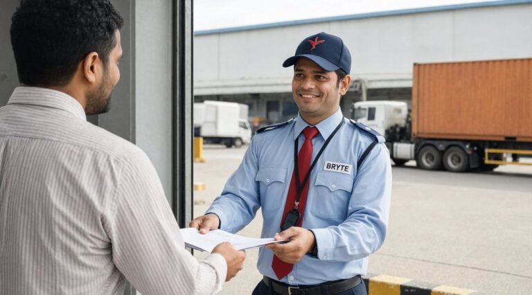 Bryte security professional on duty at a logistics park in India
