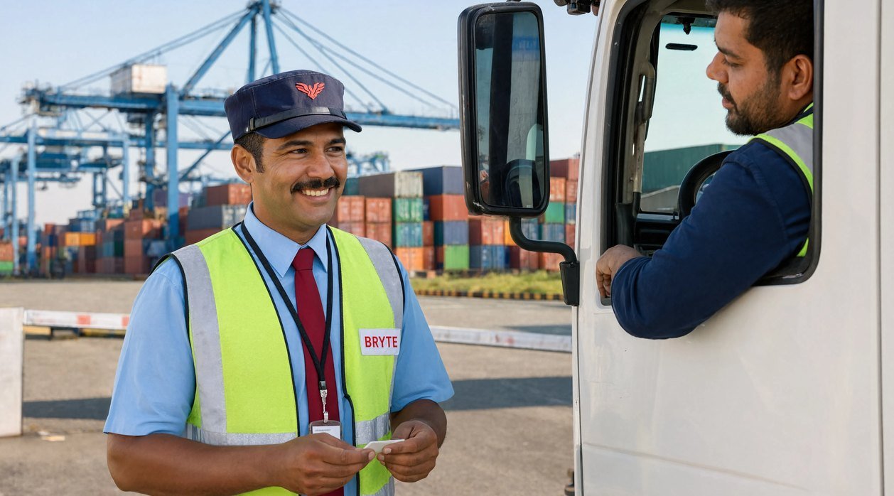 Bryte security professional on duty at a container terminal in India