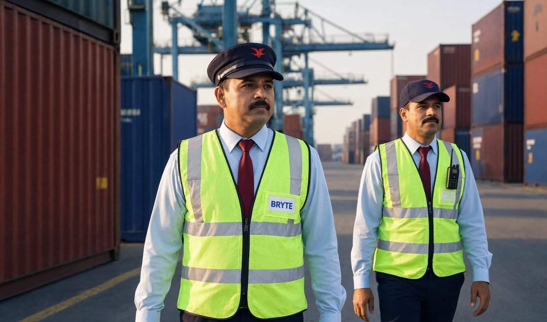 Bryte security professional on duty at a container terminal in India