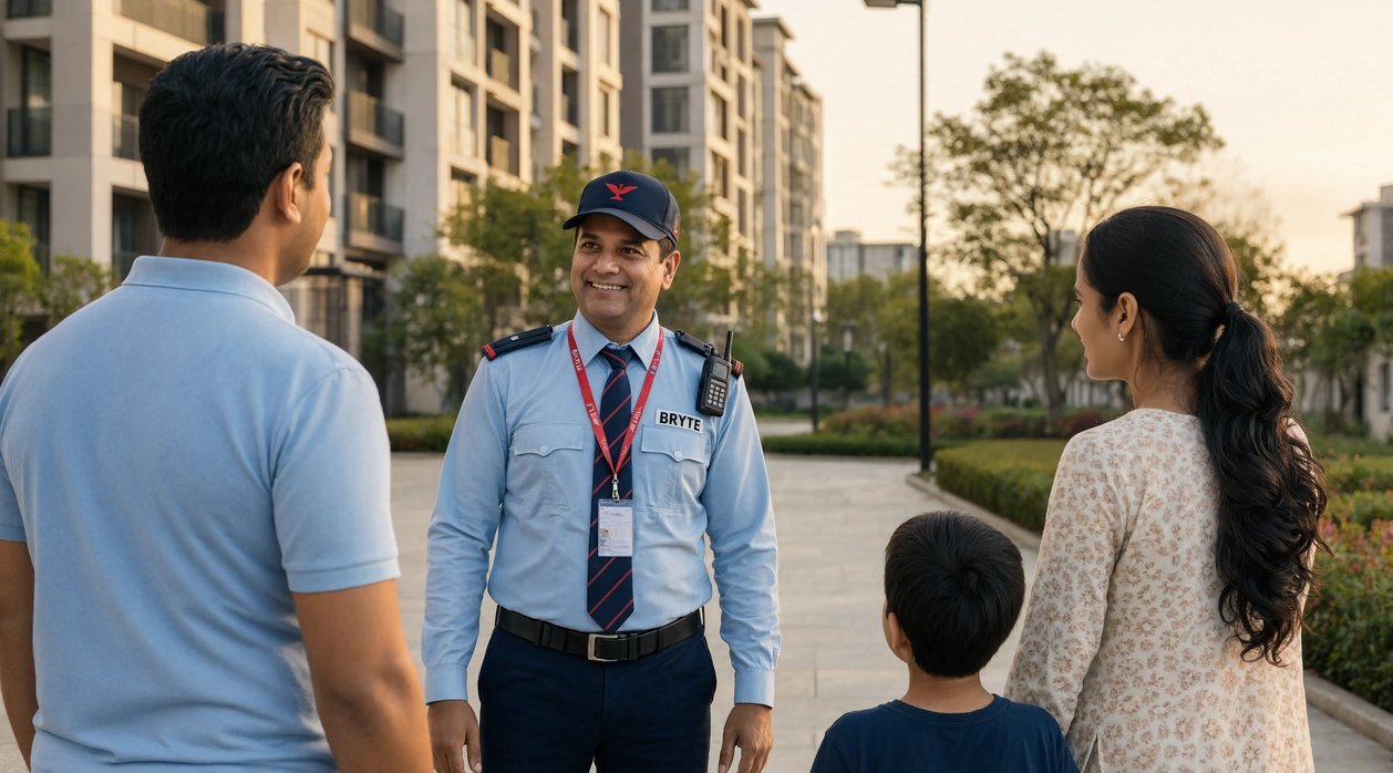 Bryte security professional on duty at a township development in India