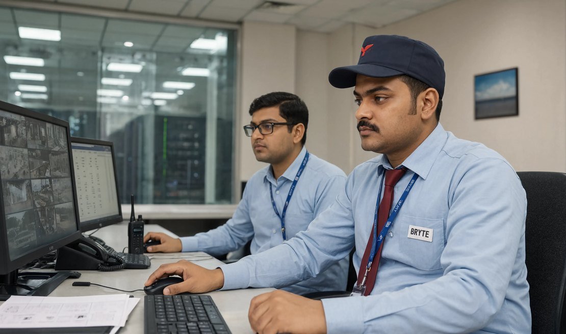 Bryte security professional on duty at a telecom facility in India