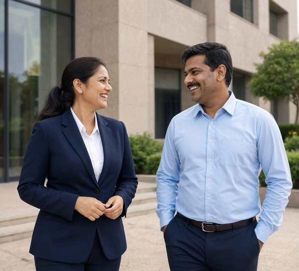 Happy Bryte clients outside a modern Indian building