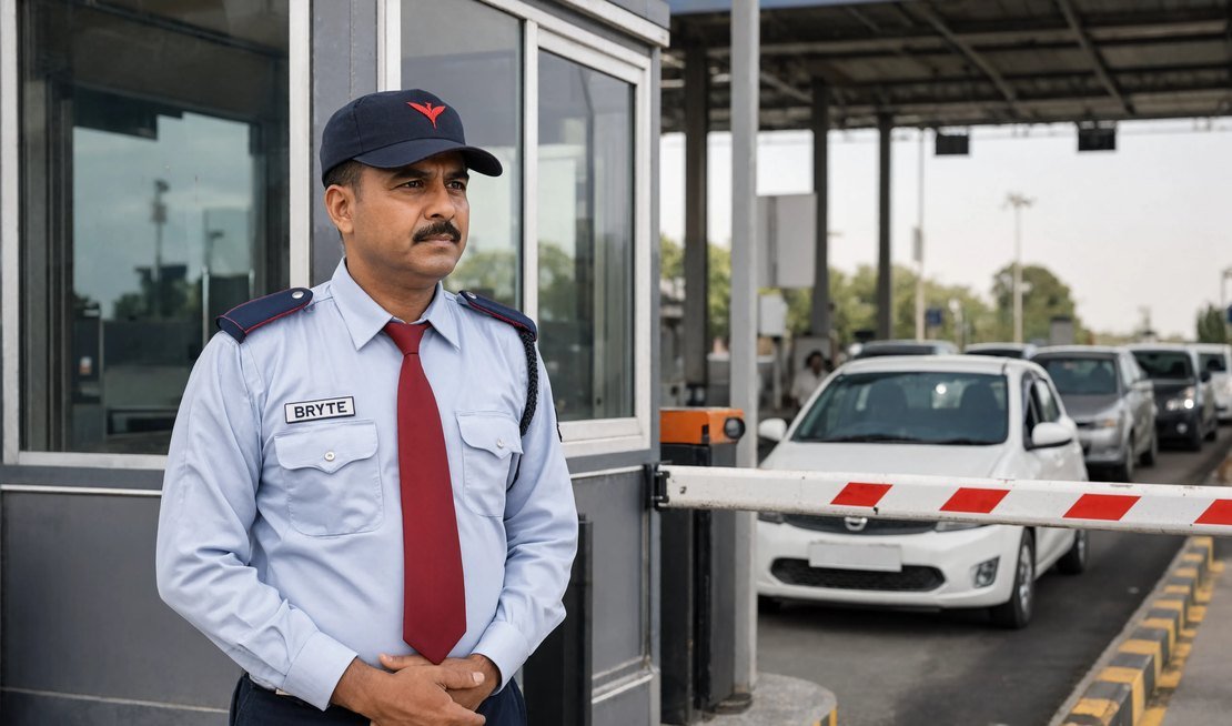 Bryte security professional on duty at a highway toll plaza in India