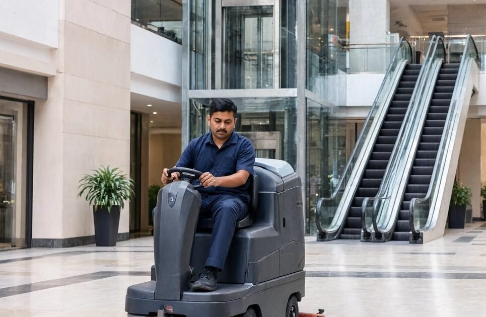 Bryte facility staff cleaning a commercial atrium