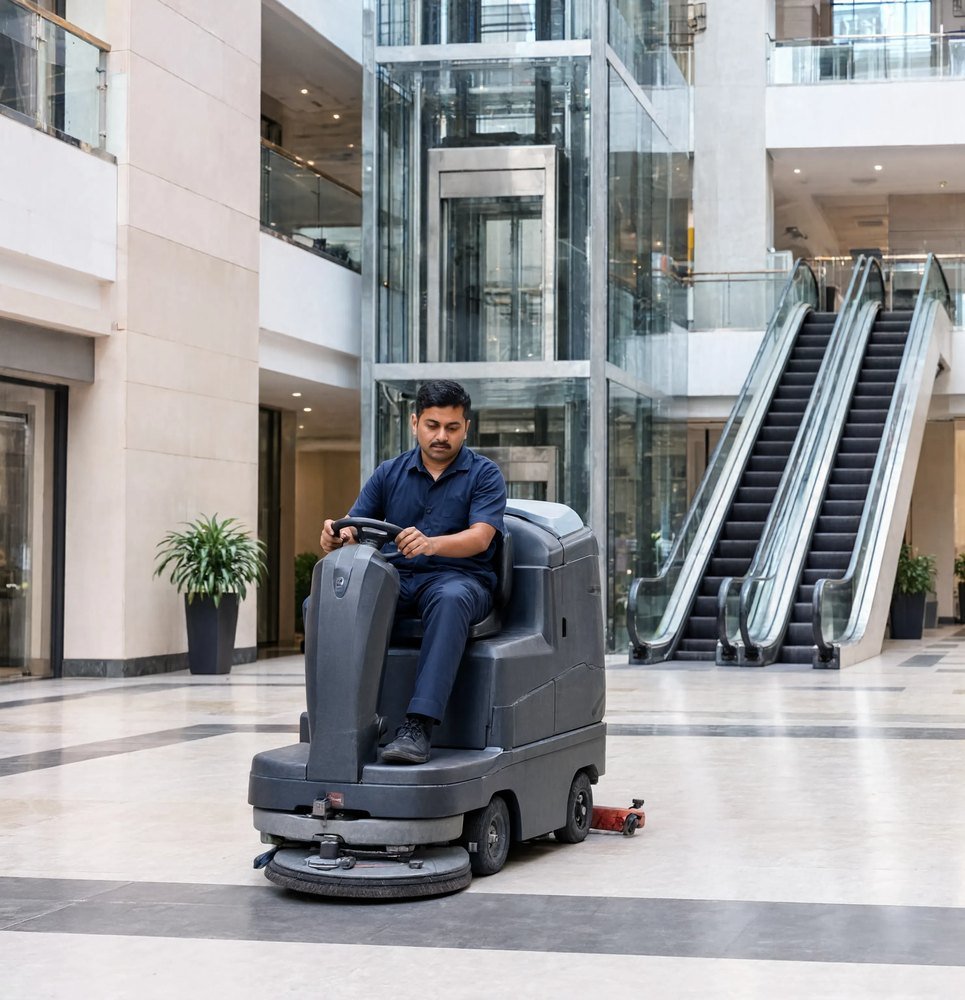 Bryte facility staff cleaning a commercial atrium