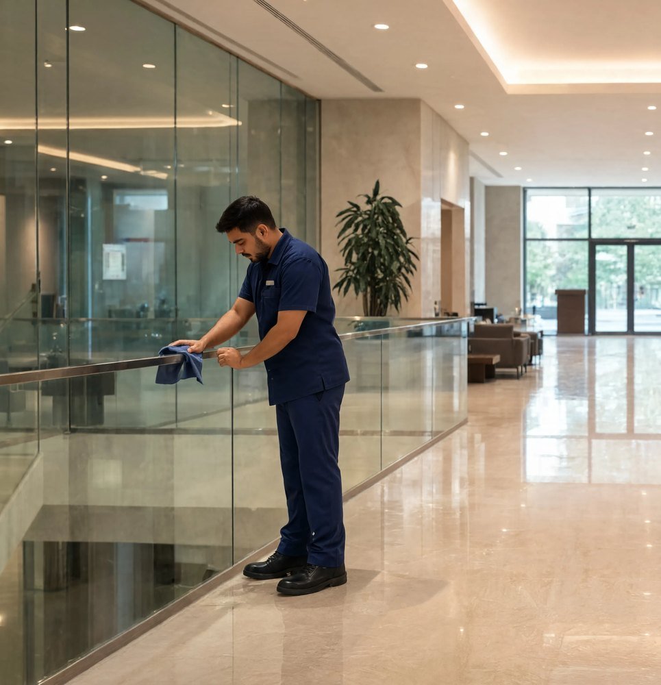 Bryte facility staff maintaining a corporate lobby
