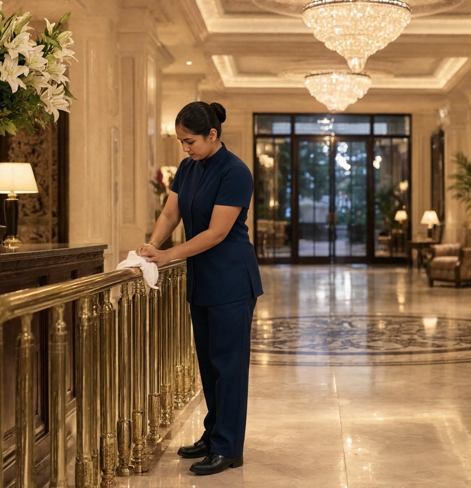 Bryte housekeeping staff polishing a hotel lobby rail