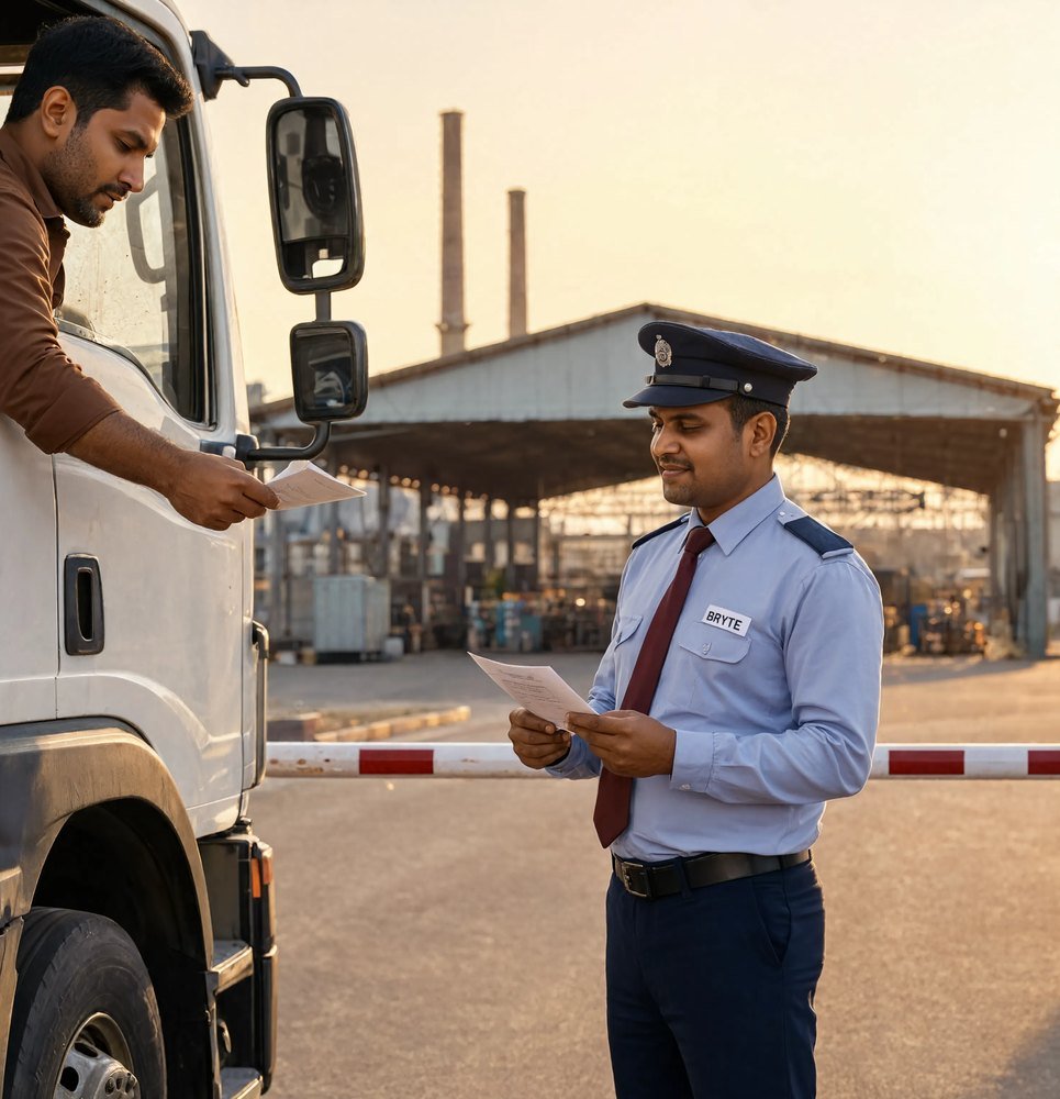 Bryte guard verifying truck documents at a plant gate