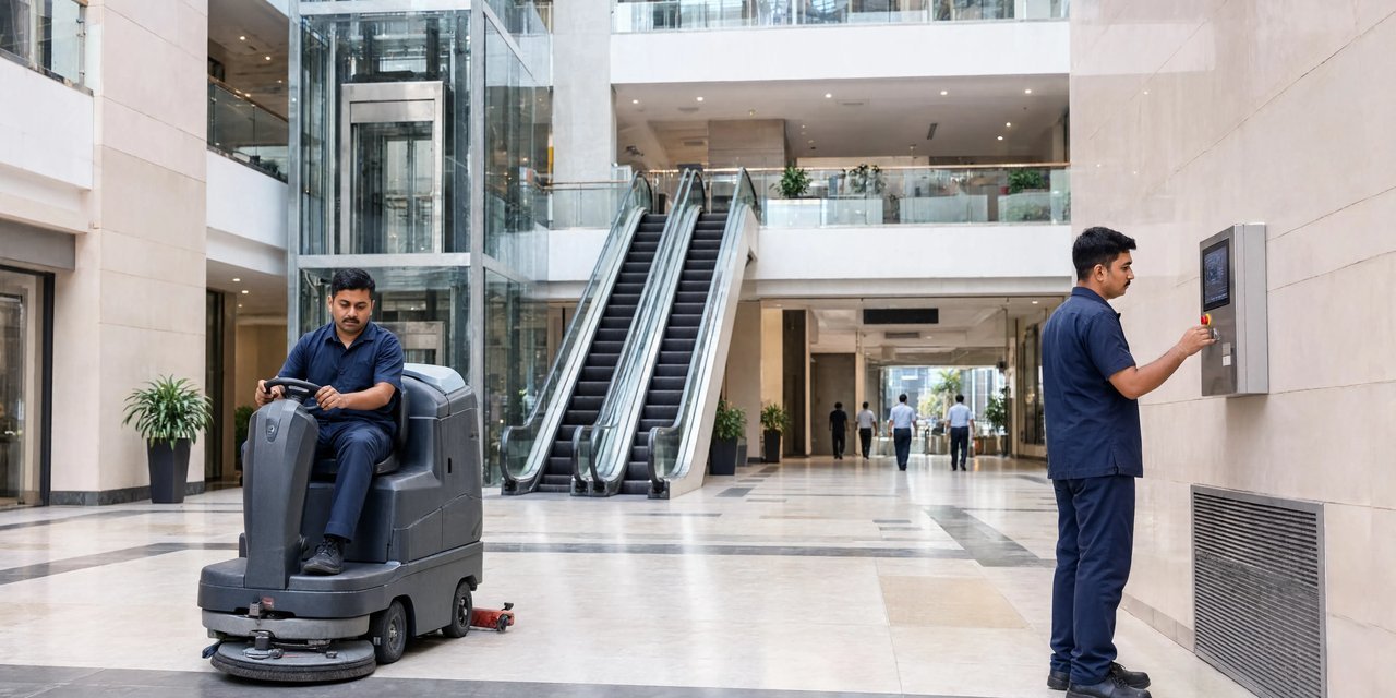 Bryte facility team cleaning a commercial office atrium