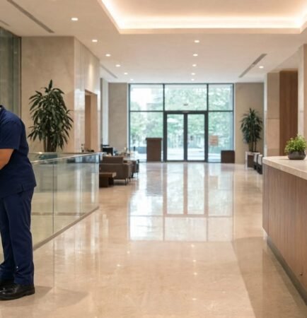 Bryte facility staff maintaining a corporate office lobby in Mumbai