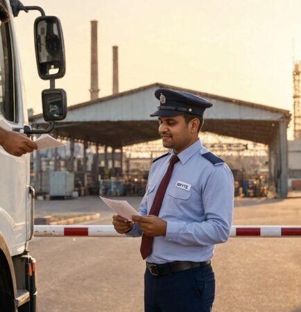 Bryte security guard verifying truck documents at an industrial plant gate in Pune