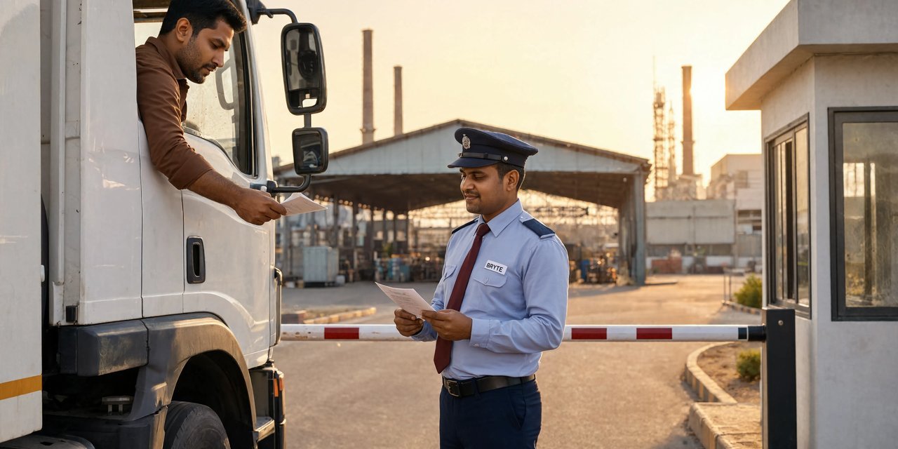 Bryte security guard verifying truck documents at an industrial plant gate in Pune