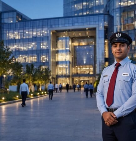 Bryte security officer at a Navi Mumbai corporate IT park entrance at dusk