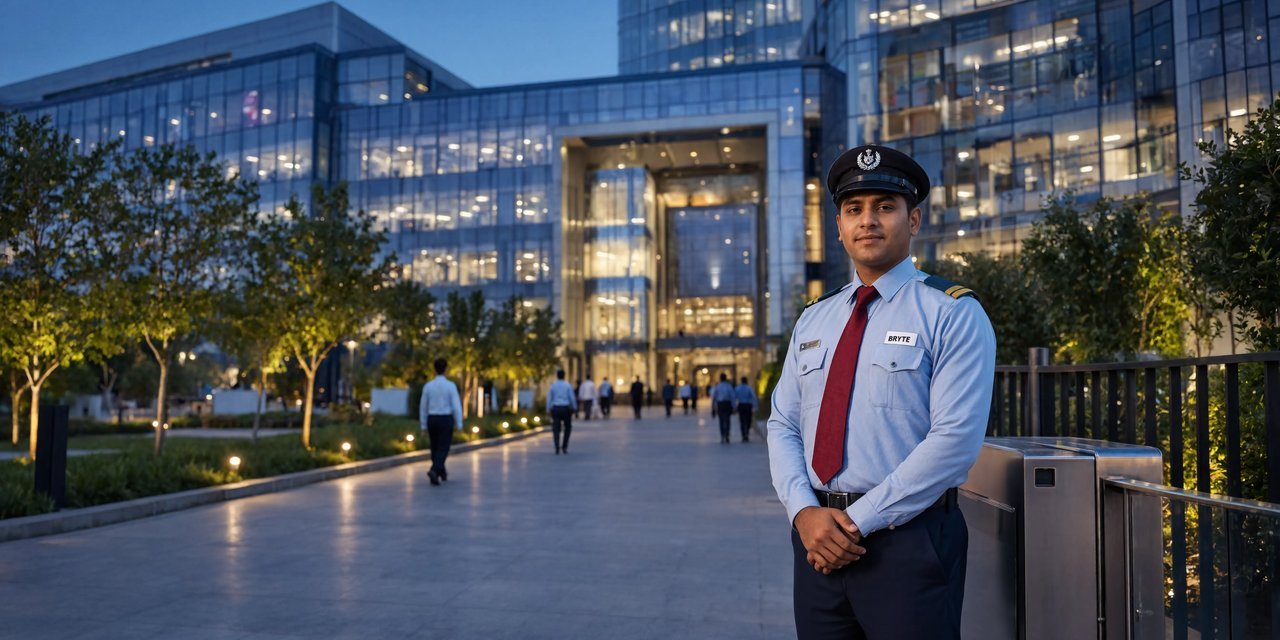 Bryte security officer at a Navi Mumbai corporate IT park entrance at dusk