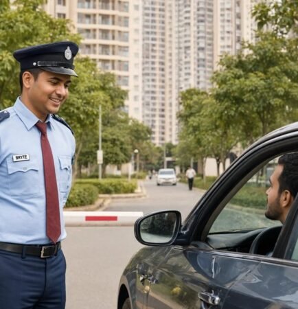 Bryte guard greeting a resident car at a gated township entrance in Thane