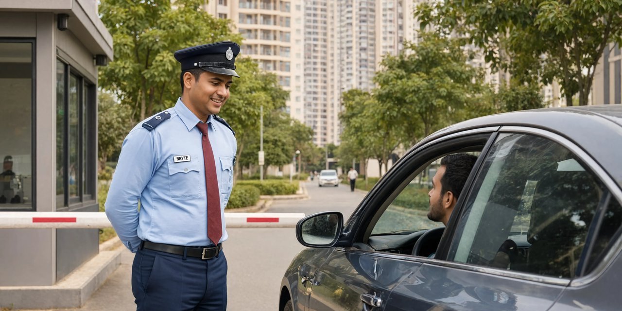 Bryte guard greeting a resident car at a gated township entrance in Thane