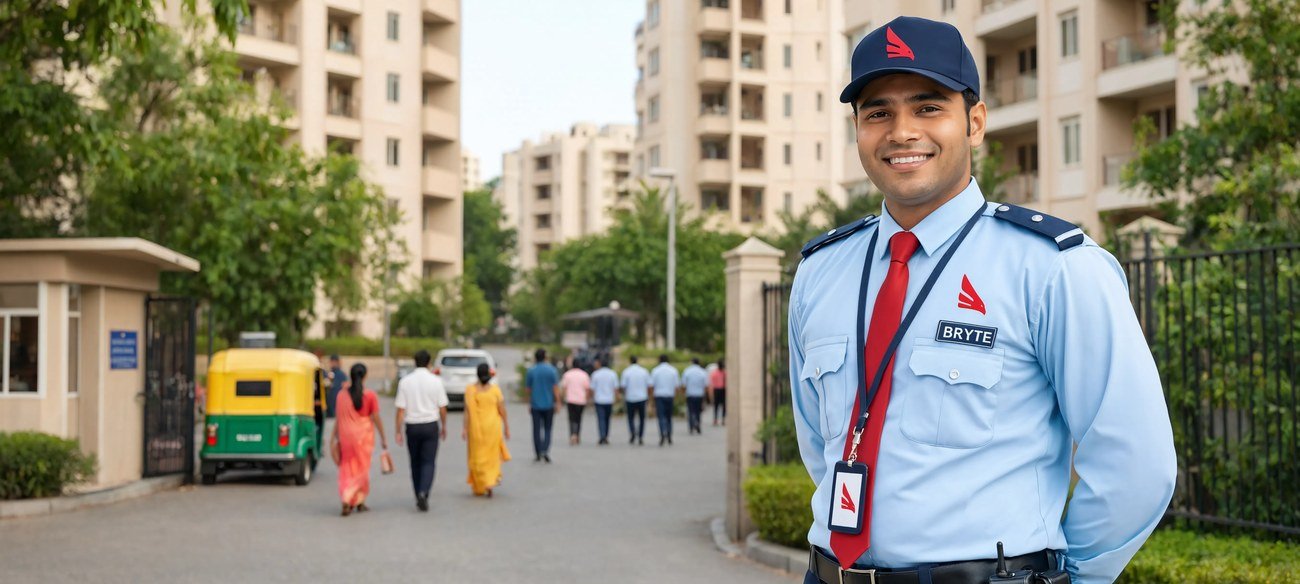 Bryte security guard at the gate of an Indian residential society
