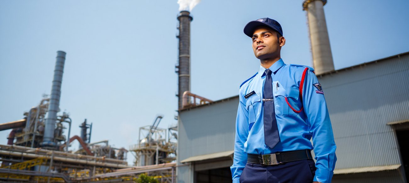 Bryte security guard on duty at an industrial manufacturing plant